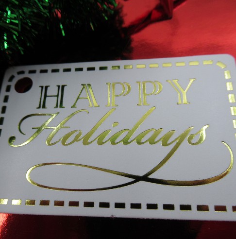 Happy holidays, tag, gold hot stamp