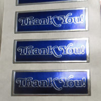 ink embossed, bright silver, thank you stickers, labels